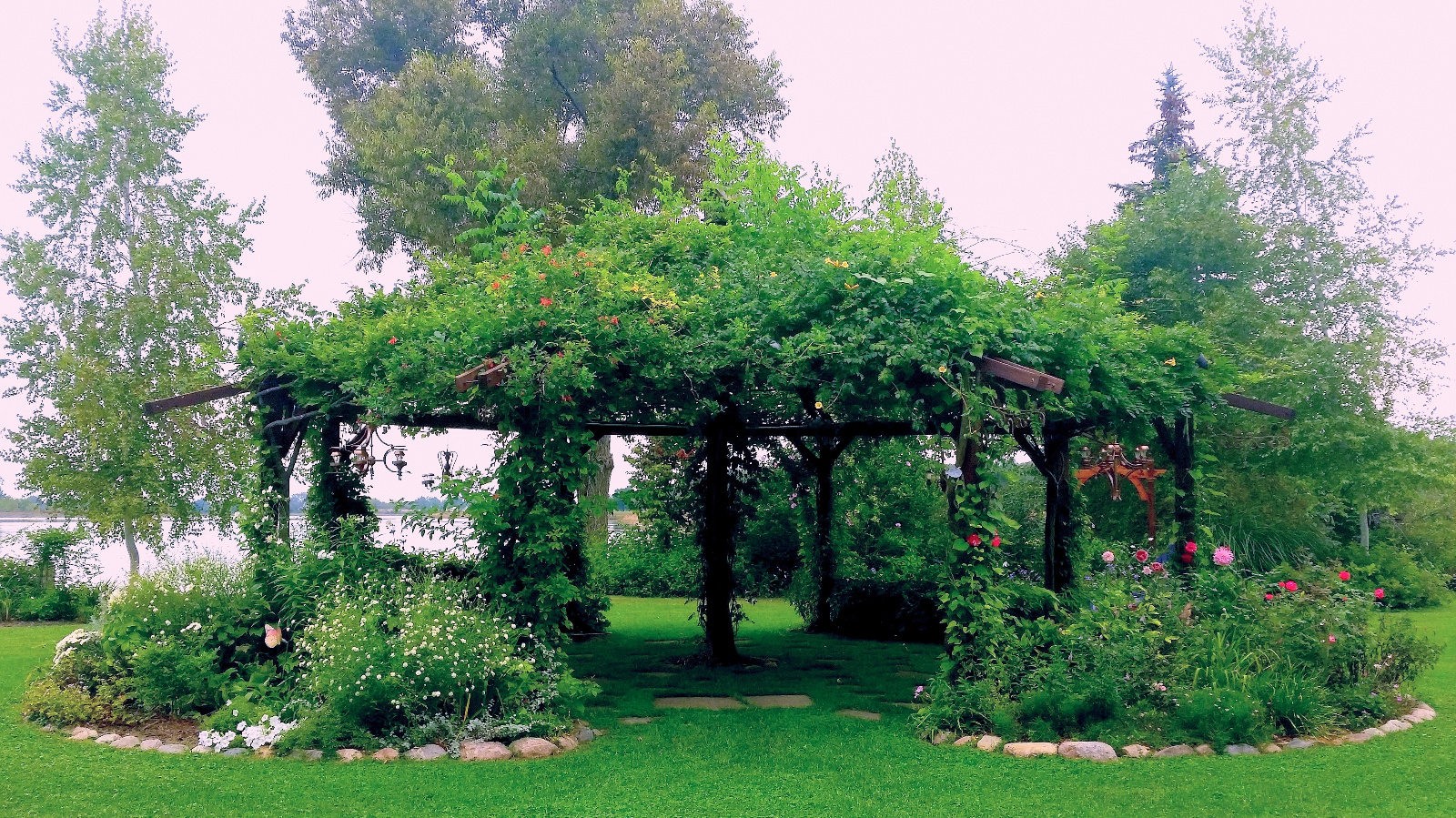 Red and yellow Trumpet Vine are still in bloom on the canopy; flowerbeds include:  Miniature Daisies, Dahlia, Anemone, Chrysanthemum and Petunia in the left bed; Dahlia, Roses and pink Coreopsis